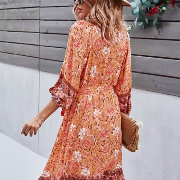 Boho floral print belted 3/4 sleeve dress - Picture 6 of 9
